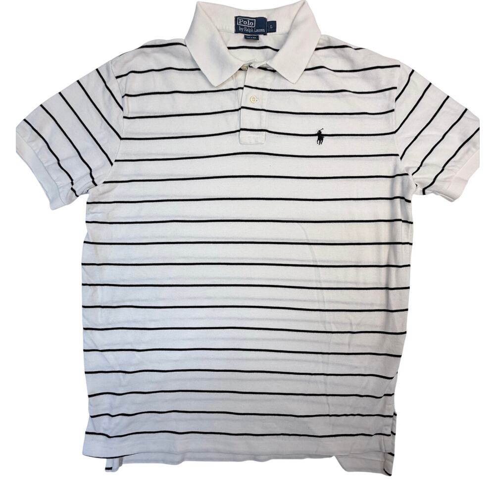 Polo Ralph Lauren Mens Large Black White Striped Polo Shirt Pony Logo Cotton